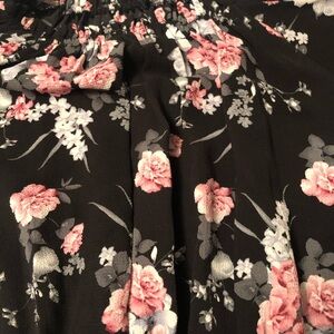 Floral Print Black Blouse with Pink Roses